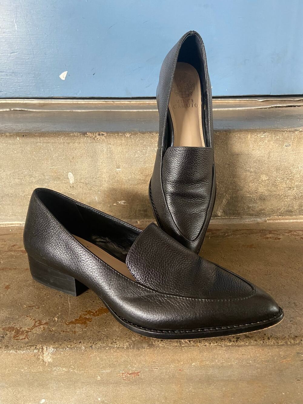 Vince Camuto Becarda black leather pointy toe slip on loafer
